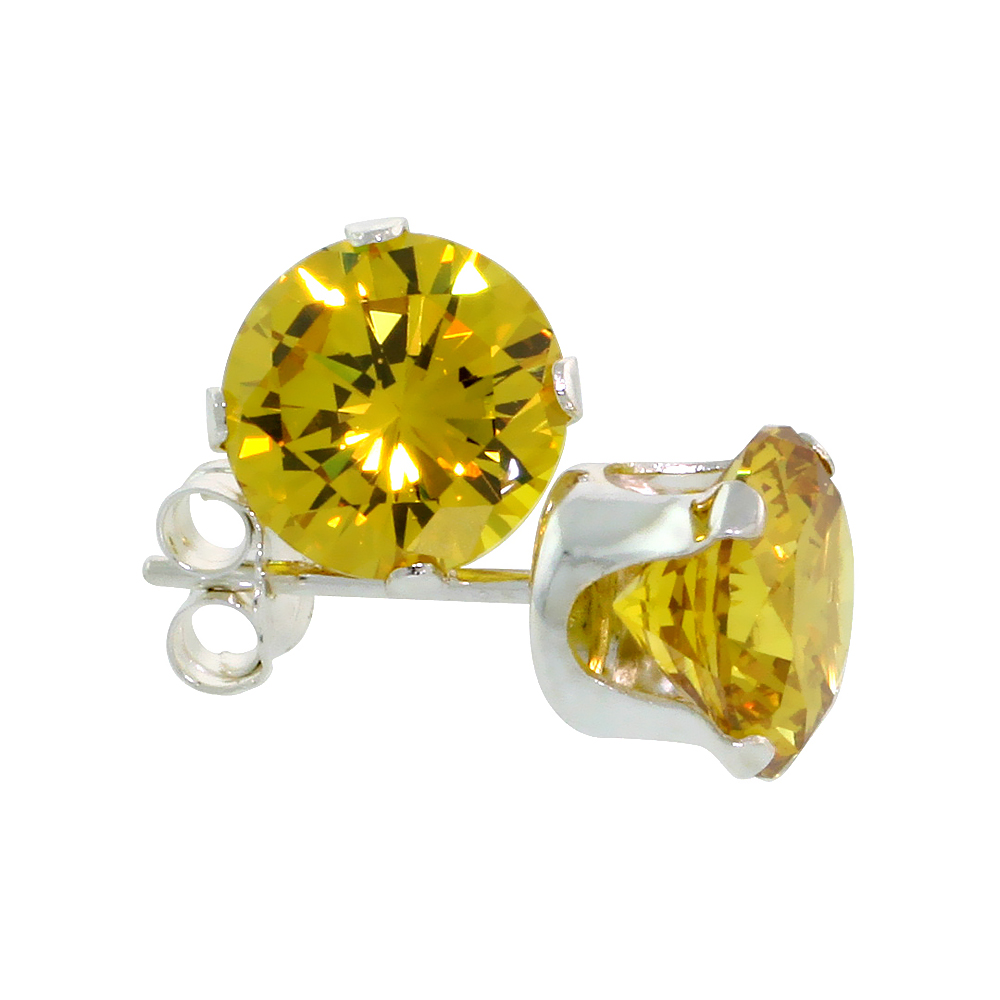 STERLING SILVER BRILLIANT CUT CUBIC ZIRCONIA STUD EARRINGS 7 MM CITRINE YELLOW COLOR 2 1/2 CT/PR
