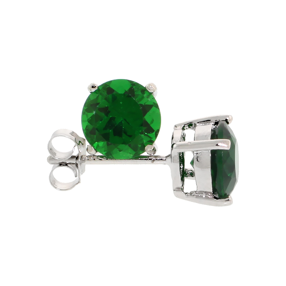 STERLING SILVER CZ EMERALD EARRINGS STUDS GREEN COLOR 7 MM PLATINUM COATED BASKET SETTING 2.5 CARATS/PAIR