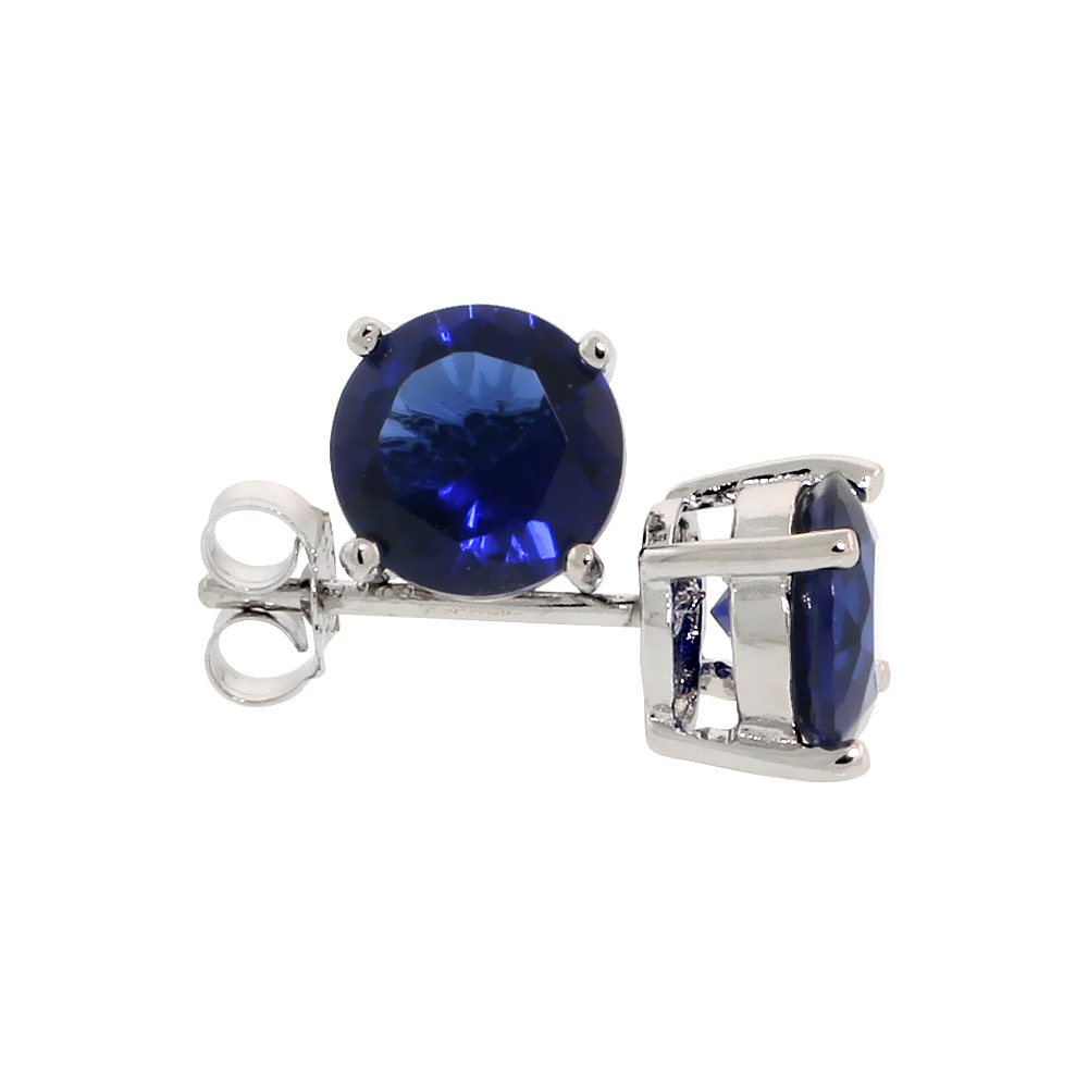 STERLING SILVER CZ SAPPHIRE EARRINGS STUDS NAVY COLOR 7 MM PLATINUM COATED BASKET SETTING 2.5 CARATS/PAIR