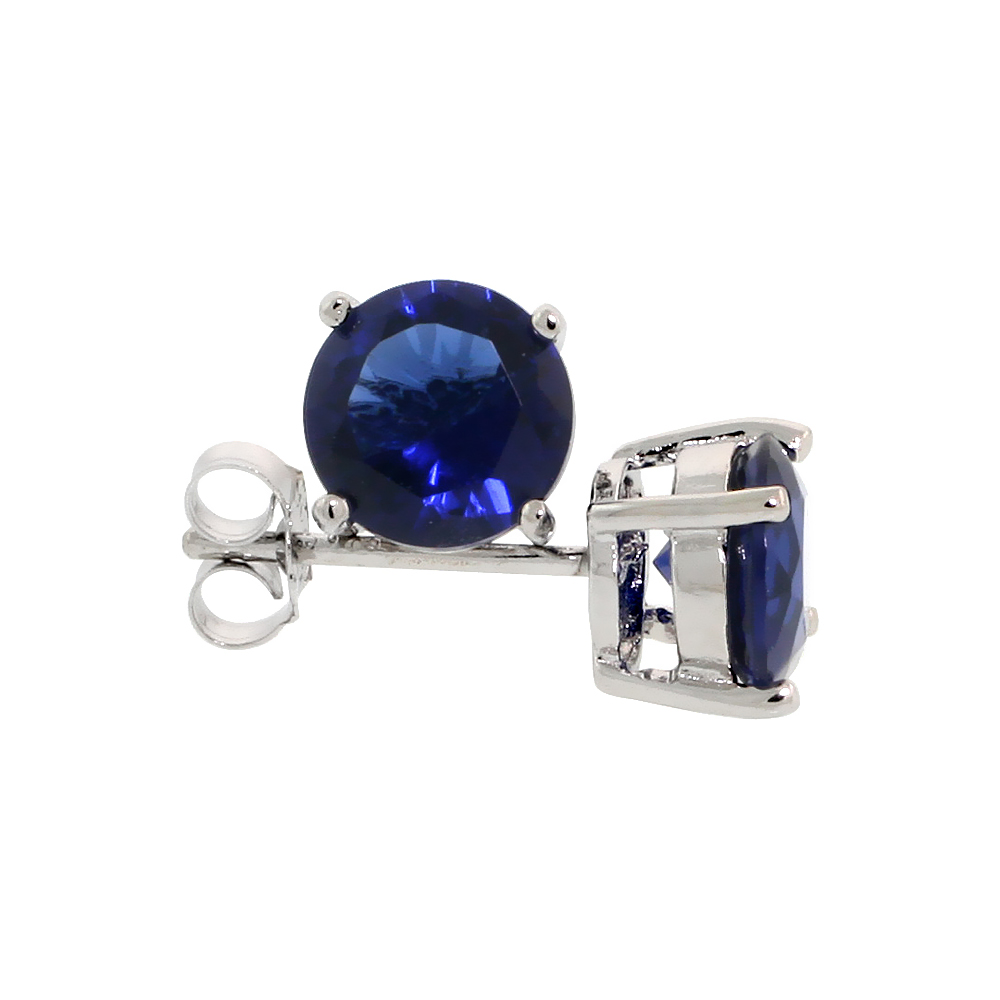 Sterling Silver CZ Sapphire Earrings Studs Navy Color 7 mm Platinum Coated Basket Setting 2.5 carats/pair