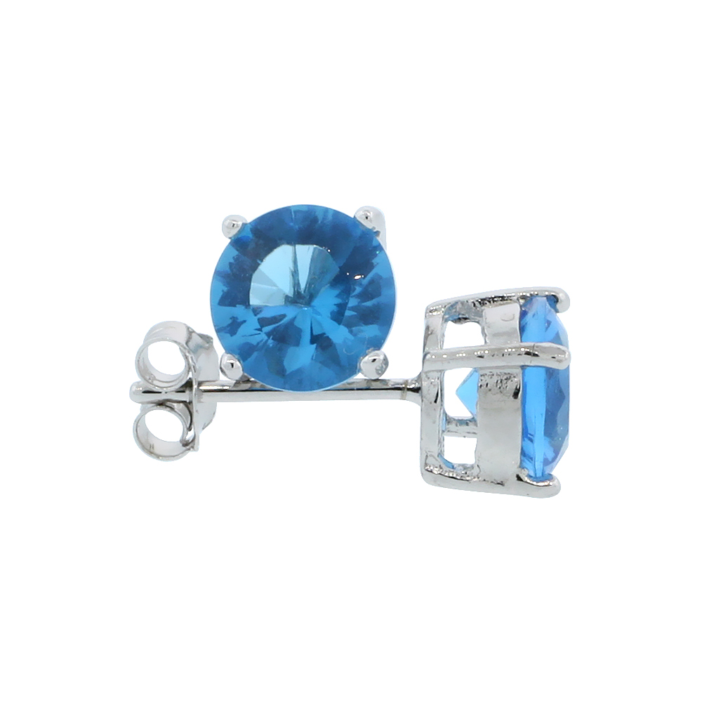 STERLING SILVER CZ BLUE TOPAZ EARRINGS STUDS BLUE COLOR 7 MM PLATINUM COATED BASKET SETTING 2.5 CARATS/PAIR