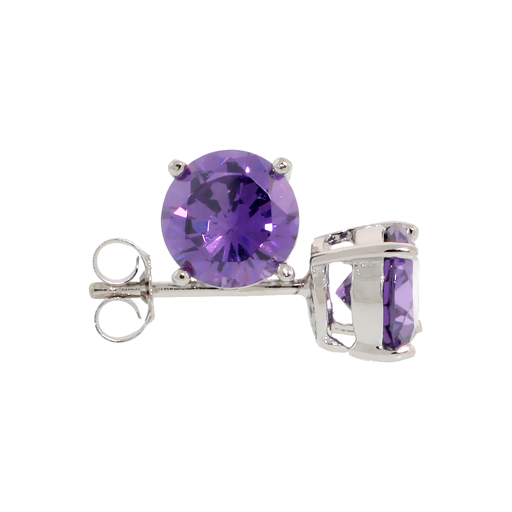 STERLING SILVER CZ AMETHYST EARRINGS STUDS PURPLE COLOR 7 MM PLATINUM COATED BASKET SETTING 2.5 CARATS/PAIR
