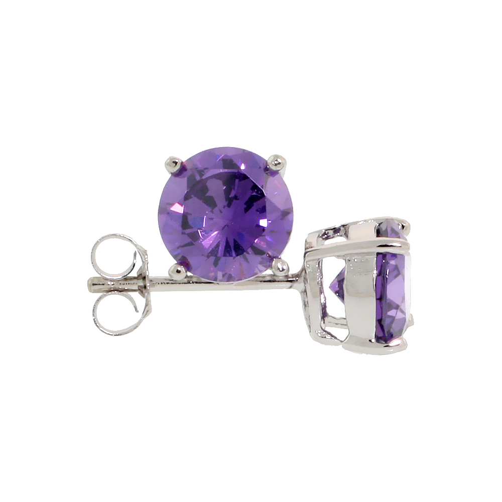 Sterling Silver CZ Amethyst Earrings Studs Purple Color 7 mm Platinum Coated Basket Setting 2.5 carats/pair