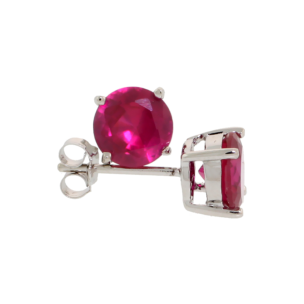 STERLING SILVER CZ RUBY EARRINGS STUDS RED COLOR 7 MM PLATINUM COATED BASKET SETTING 2.5 CARATS/PAIR