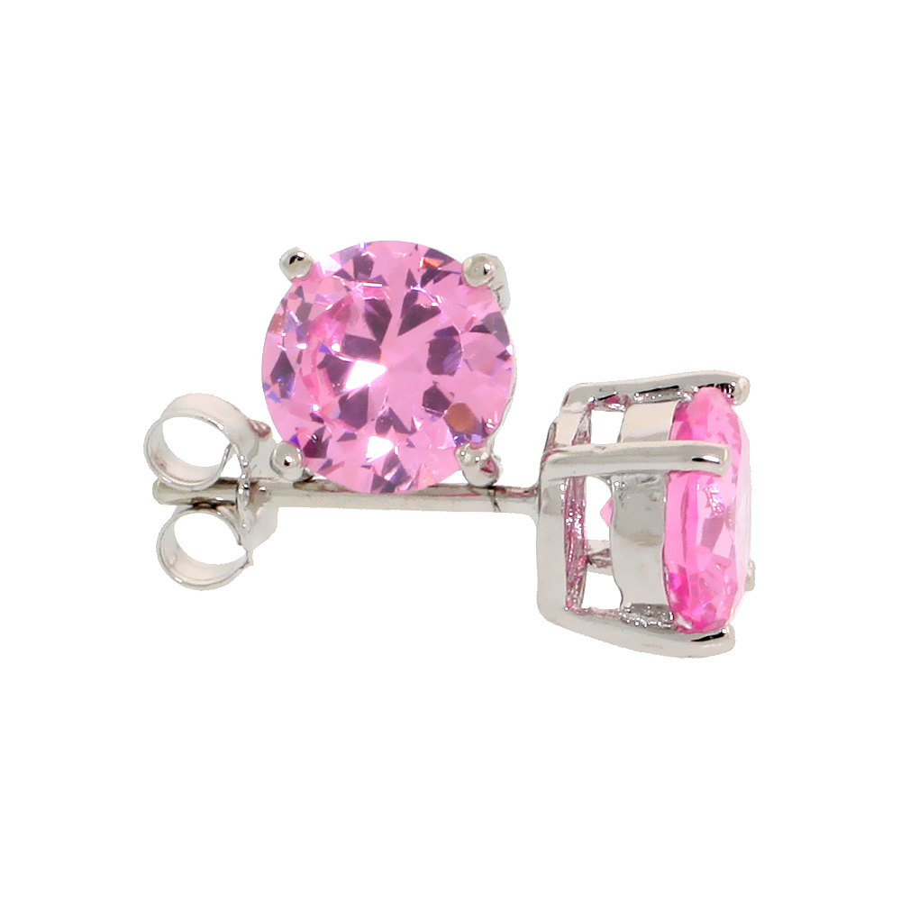 STERLING SILVER CZ PINK EARRINGS STUDS PINK COLOR 7 MM PLATINUM COATED BASKET SETTING 2.5 CARATS/PAIR