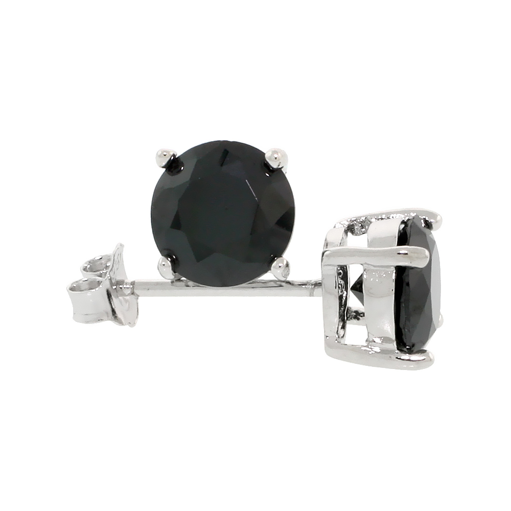 STERLING SILVER CZ BLACK EARRINGS STUDS BLACK COLOR 7 MM PLATINUM COATED BASKET SETTING 2.5 CARATS/PAIR