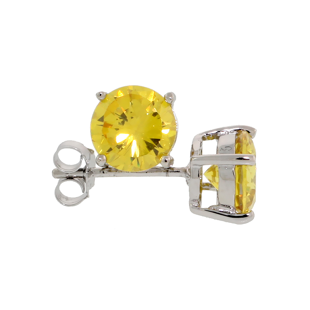 Sterling Silver CZ Citrine Earrings Studs YellowColor 7 mm Platinum Coated Basket Setting 2.5 carats/pair