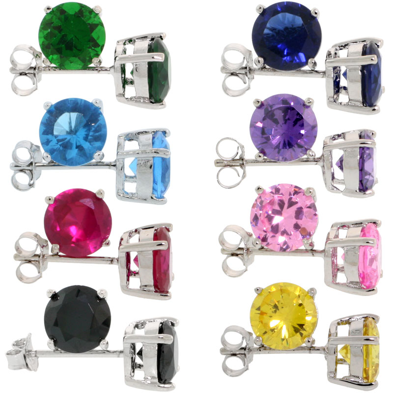 8 Colors Set Sterling Silver CZ Stud Earrings 2 1/2 carat/pair Basket Set Rhodium Finish Assorted Colors