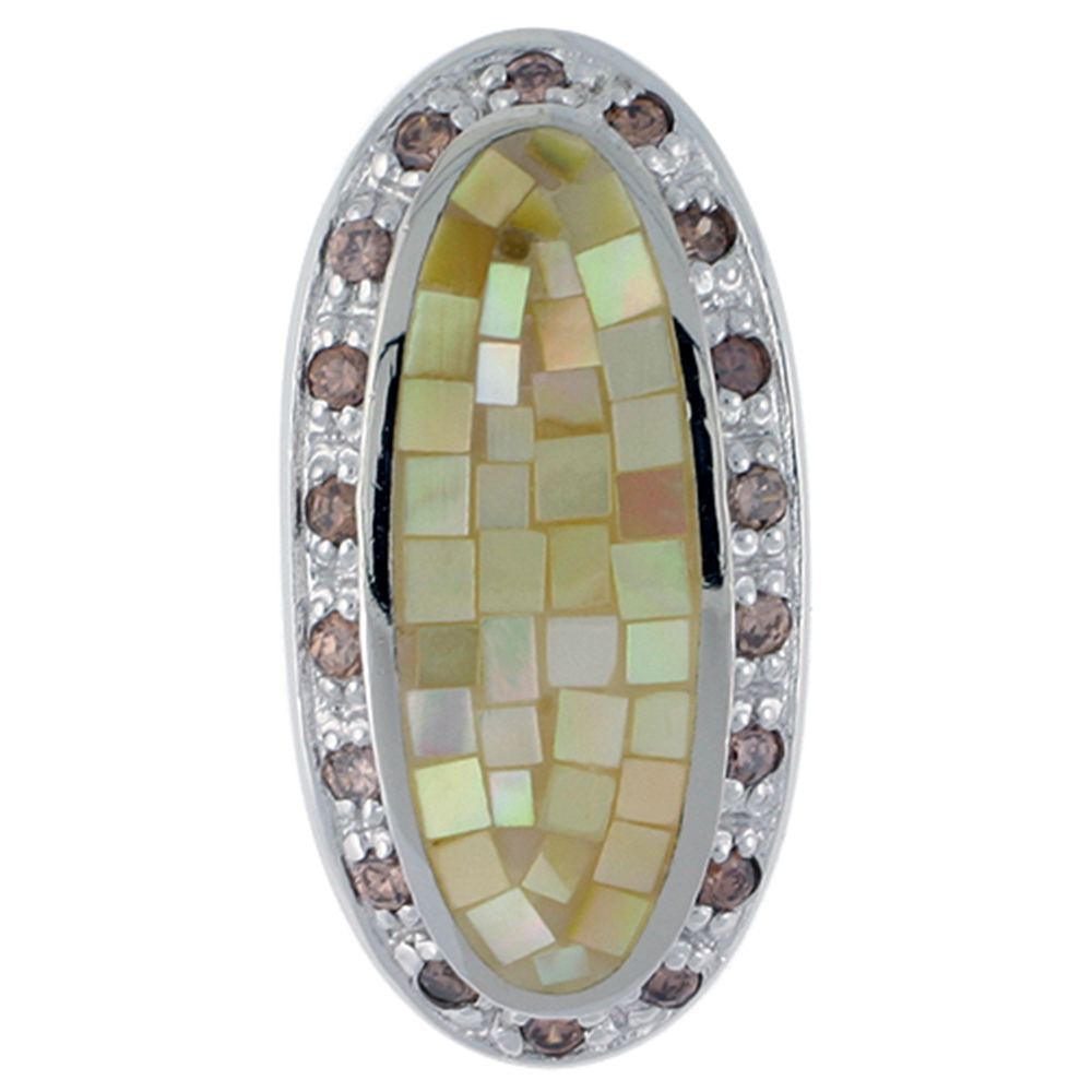 Sterling Silver Natural Shell Mosaic & CZ Outline Pendant Oval, 1/2 inch wide
