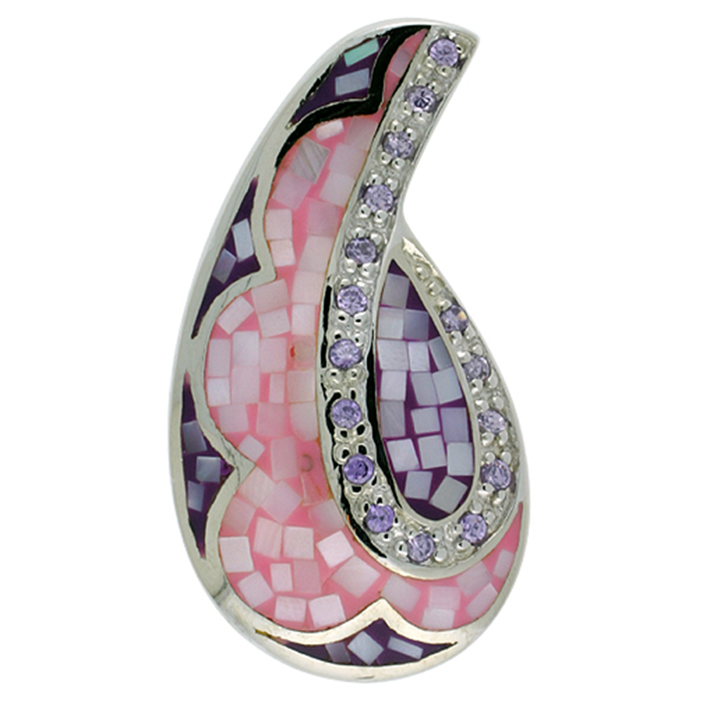 Sterling Silver Natural Shell Mosaic Teardrop Pendant CZ Accent, 3/4 inch wide