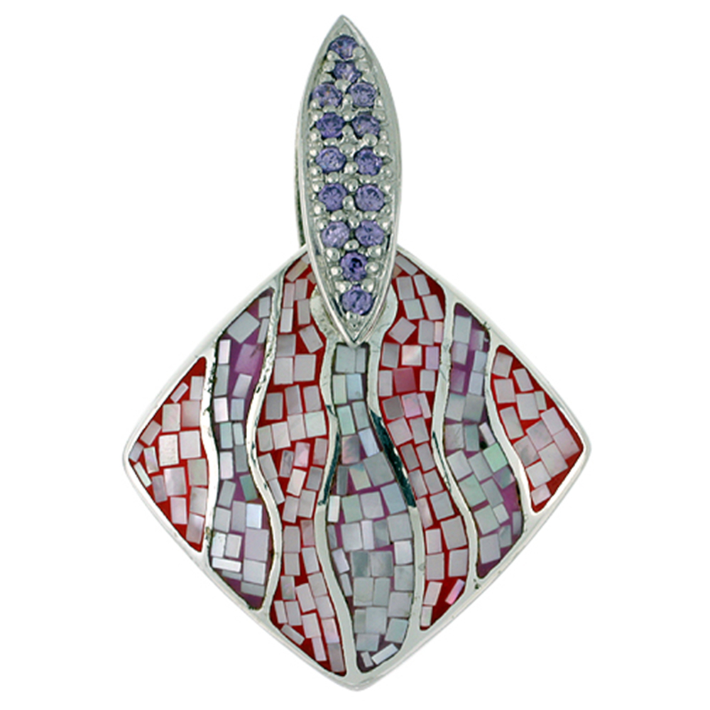 Sterling Silver Natural Shell Mosaic Rhombic Pendant CZ Accent, 1 3/16 inch wide
