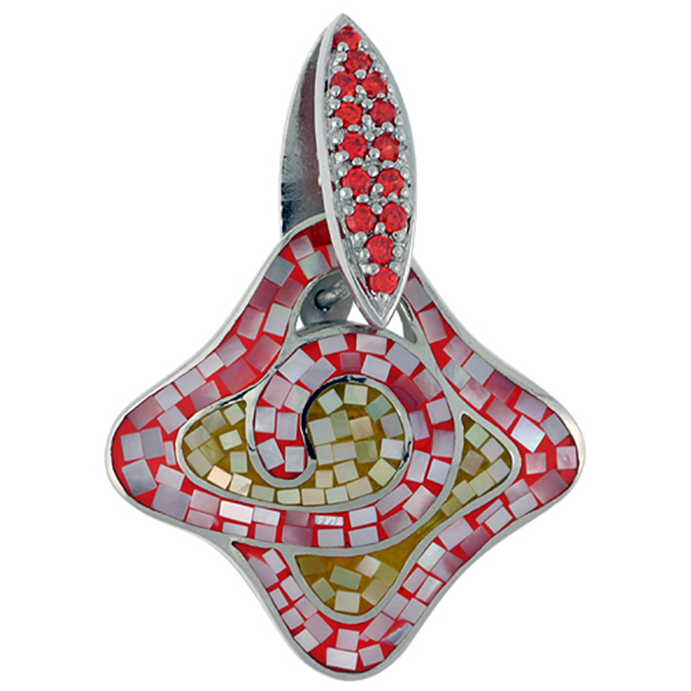 Sterling Silver Natural Shell Mosaic Quatrefoil Pendant CZ Accent, 1 1/4 inch wide