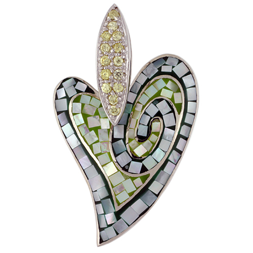 Sterling Silver Natural Shell Mosaic Heart Pendant CZ Accent, 1 1/16 inch wide