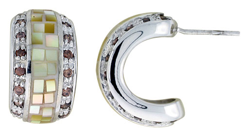 Sterling Silver Natural Shell Mosaic & CZ Outline Earrings Oval, 7/16 inch wide