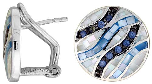 Sterling Silver Natural Shell Mosaic & CZ Ribbon Stripe Round Earrings Omega Back, 5/8 inch wide