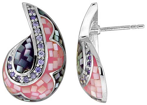 Sterling Silver Natural Shell Mosaic Teardrop Earrings CZ Accent, 5/8 inch wide