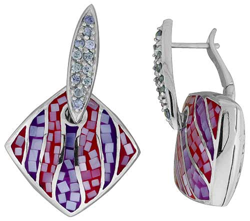 Sterling Silver Natural Shell Mosaic Rhombic Earrings CZ Accent, 7/8 inch wide