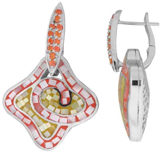 Sterling Silver Natural Shell Mosaic Quatrefoil Earrings CZ Accent, 1 inch wide
