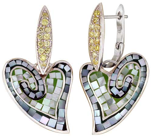 Sterling Silver Natural Shell Mosaic Heart Earrings CZ Accent, 25/32 inch wide