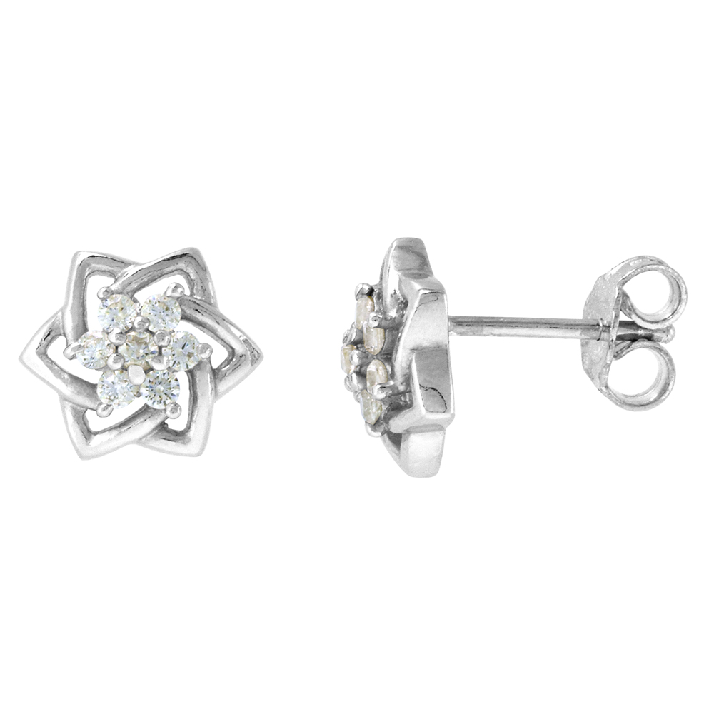 Dainty 9mm Sterling Silver Cubic Zirconia Star of David Stud Earrings Flower Center 3/8 inch wide