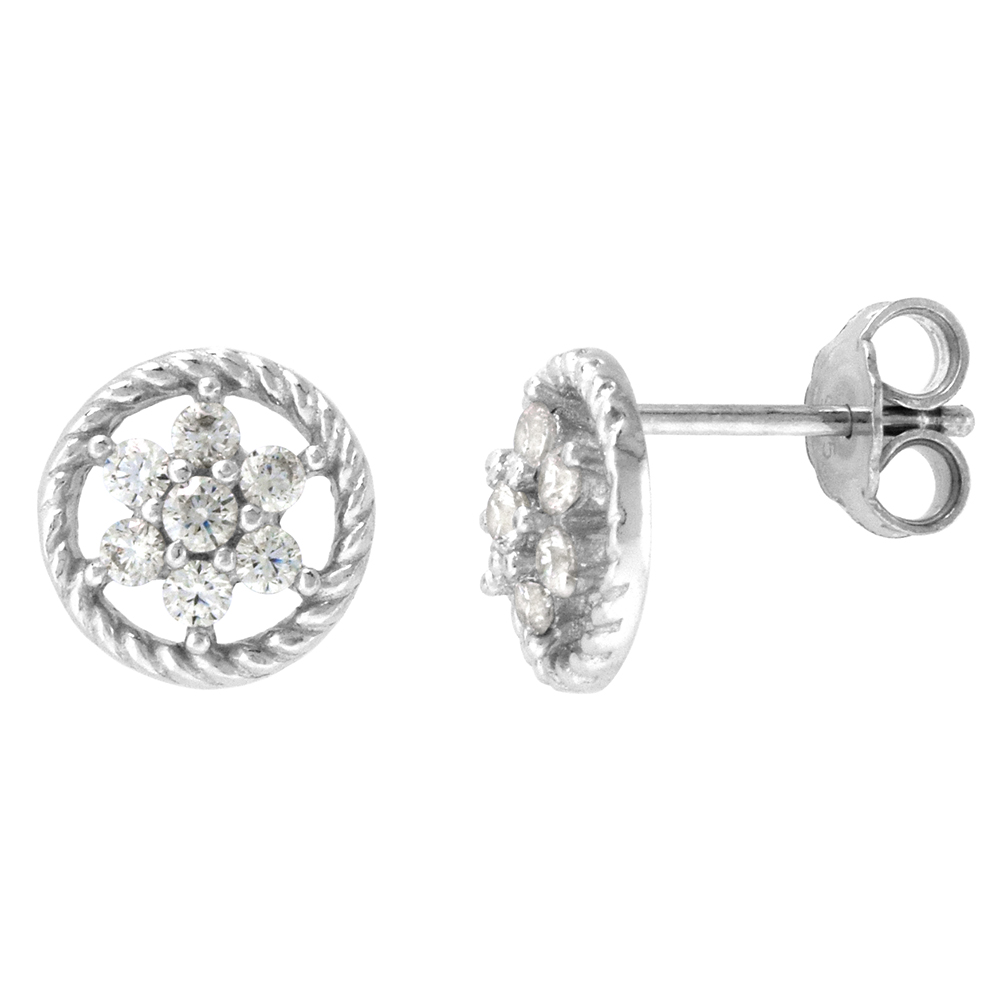 DAINTY 9MM STERLING SILVER CUBIC ZIRCONIA ROPE CIRCLE FLOWER STUD EARRINGS 3/8 INCH WIDE