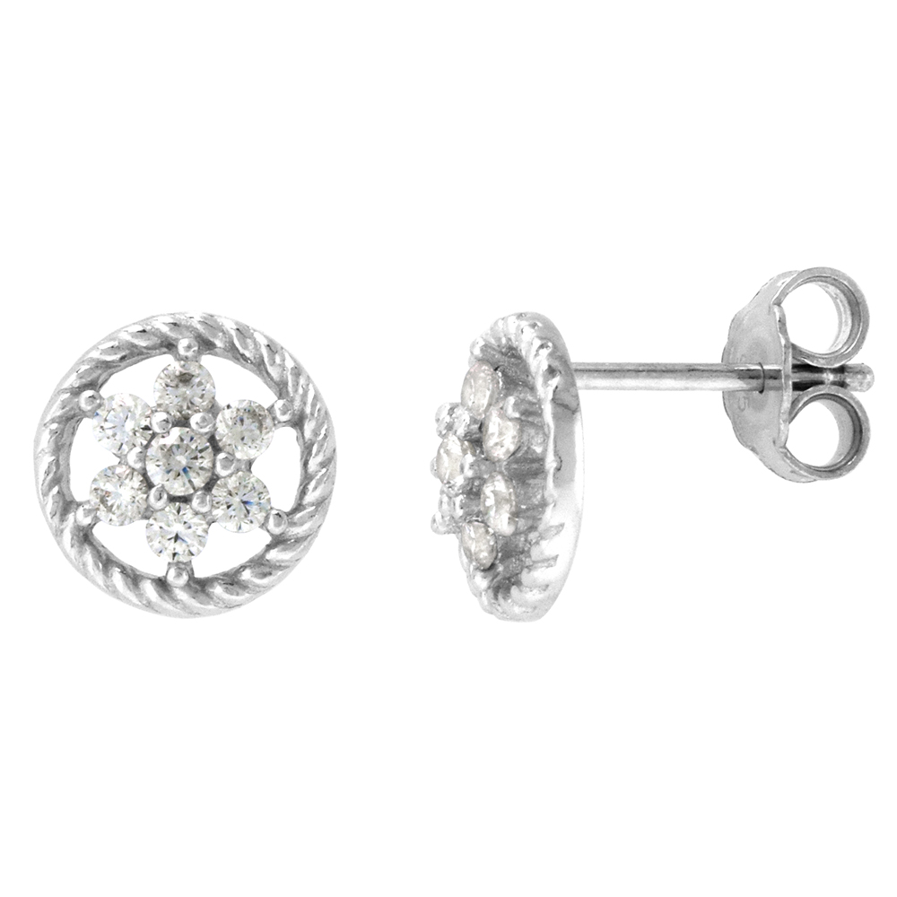 Dainty 9mm Sterling Silver Cubic Zirconia Rope Circle Flower Stud Earrings 3/8 inch wide