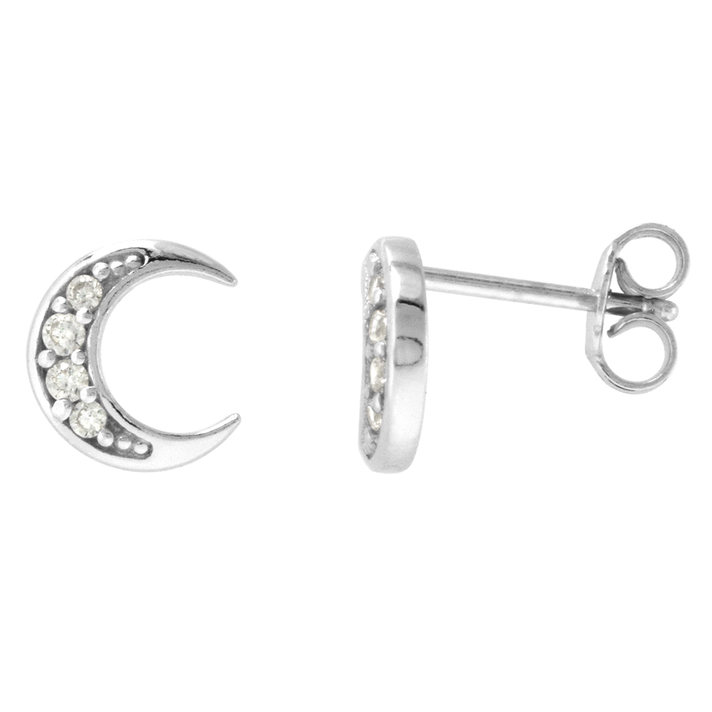 Dainty 9mm Sterling Silver Cubic Zirconia Crescent Moon Stud Earrings 3/8 inch wide