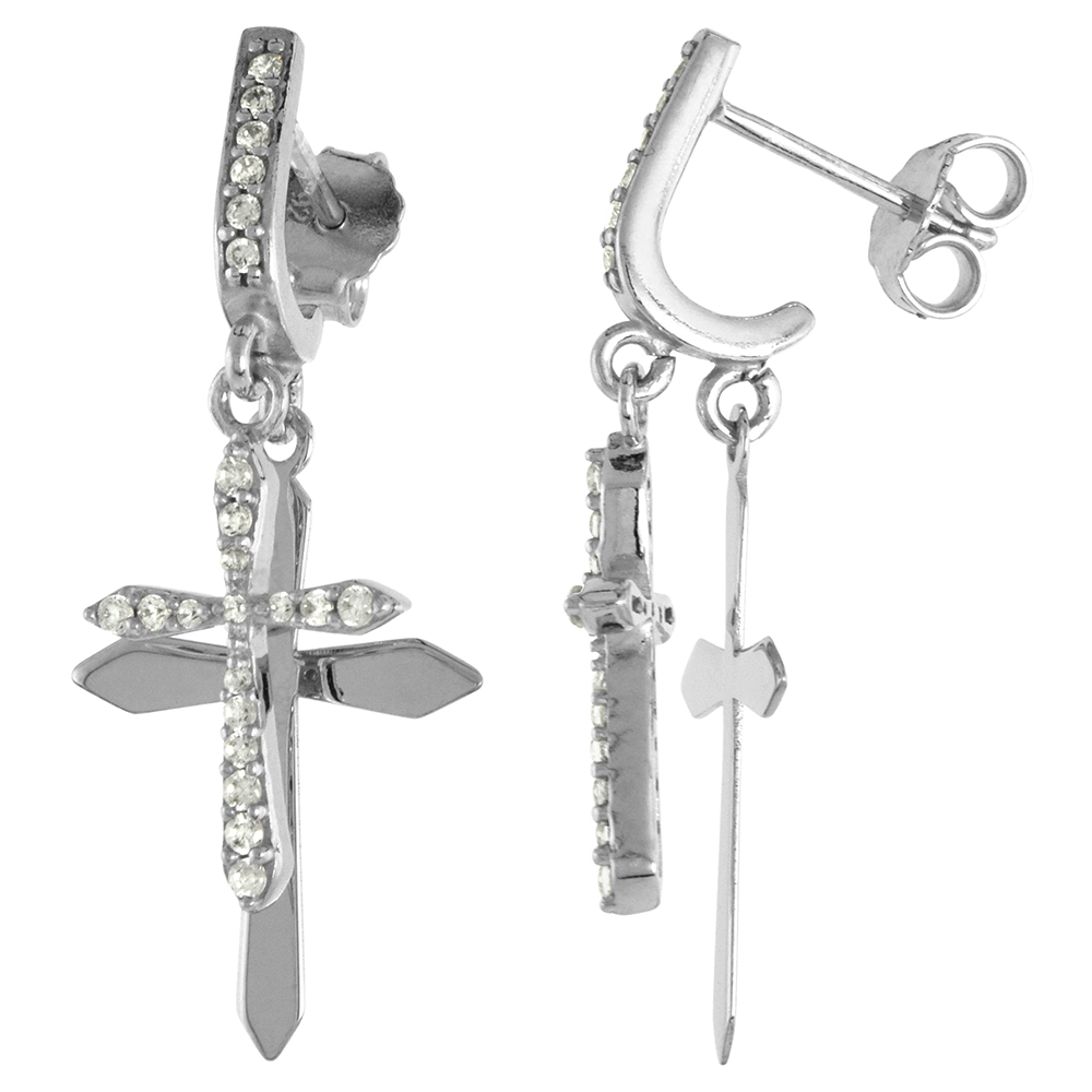 Sterling Silver Cubic Zirconia Dangle Post Cross Earrings 1 1/8 inch long