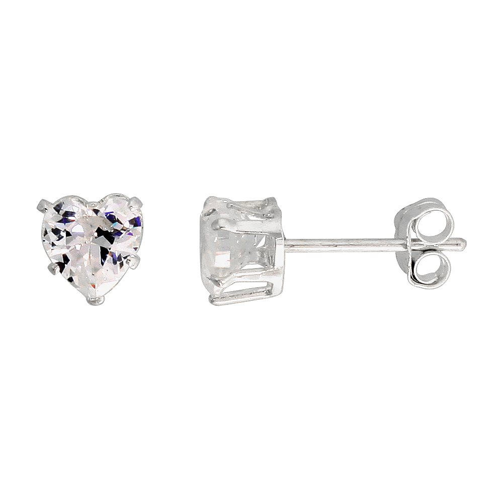 STERLING SILVER CUBIC ZIRCONIA HEART EARRINGS STUDS 1 CARAT/PAIR