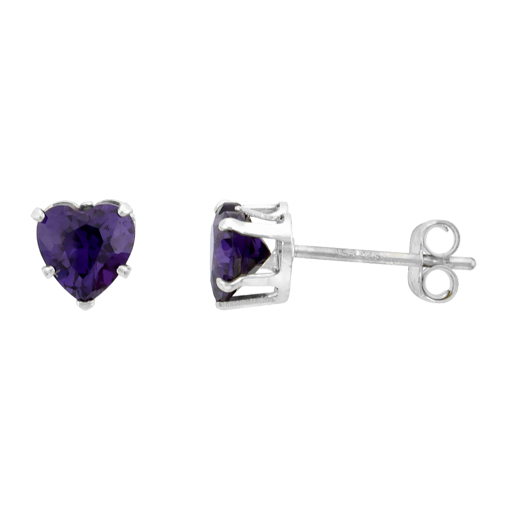STERLING SILVER CUBIC ZIRCONIA HEART AMETHYST EARRINGS STUDS 5 MM PURPLE COLOR 1 CARATS/PAIR
