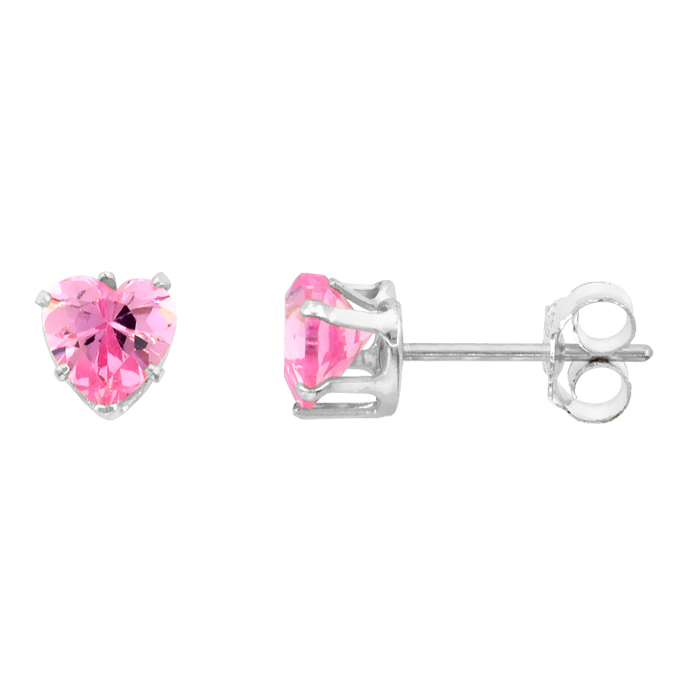 STERLING SILVER CUBIC ZIRCONIA HEART PINK EARRINGS STUDS 5 MM 1 CARATS/PAIR