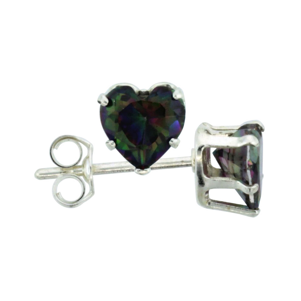 STERLING SILVER CUBIC ZIRCONIA HEART MYSTIC TOPAZ EARRINGS STUDS 5 MM MULTI COLOR 1 CARAT/PAIR