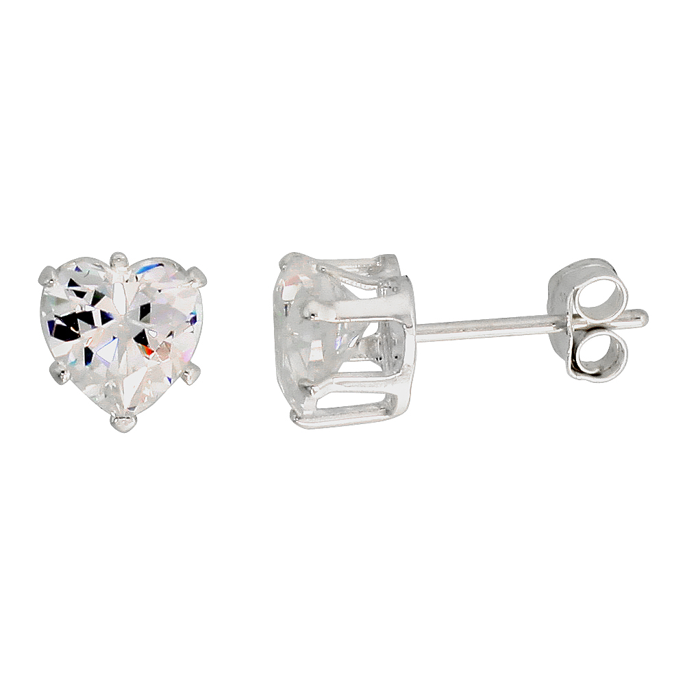 STERLING SILVER CUBIC ZIRCONIA HEART EARRINGS STUDS 1.5 CARATS/PAIR