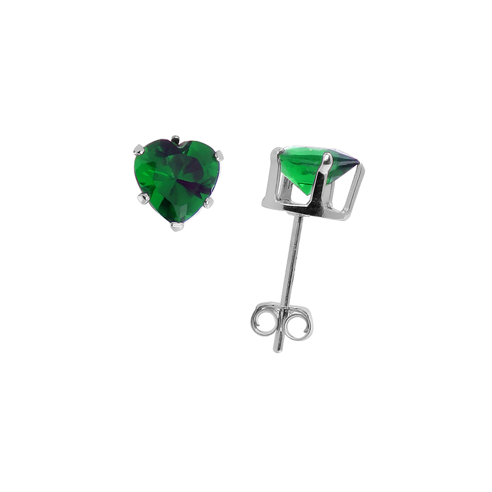 STERLING SILVER CUBIC ZIRCONIA HEART EMERALD EARRINGS STUDS 6 MM GREEN COLOR 1.5 CARATS/PAIR