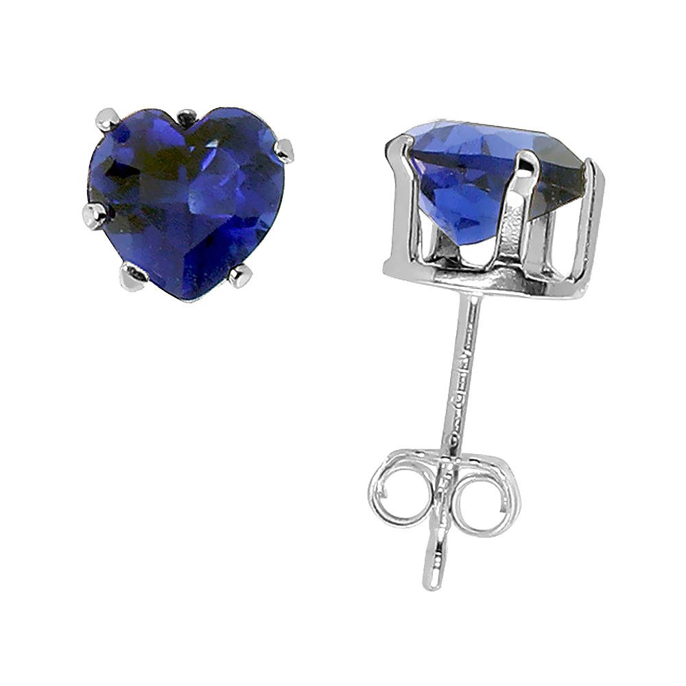 STERLING SILVER CUBIC ZIRCONIA HEART SAPPHIRE EARRINGS STUDS 6 MM NAVY COLOR 1.5 CARATS/PAIR