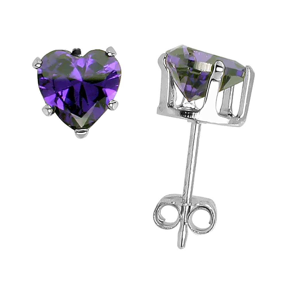 STERLING SILVER CUBIC ZIRCONIA HEART AMETHYST EARRINGS STUDS 6 MM PURPLE COLOR 1.5 CARATS/PAIR