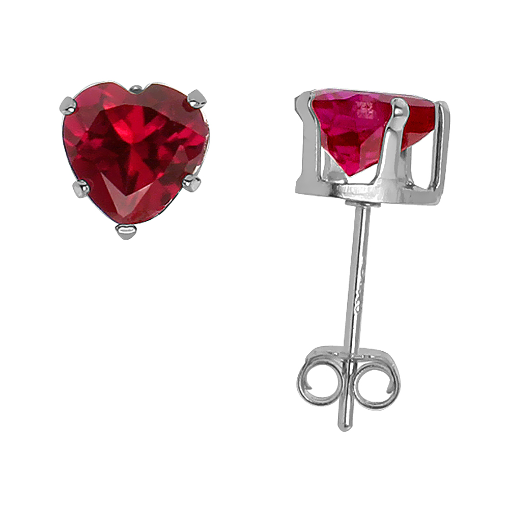 STERLING SILVER CUBIC ZIRCONIA HEART RUBY EARRINGS STUDS 6 MM RED COLOR 1.5 CARATS/PAIR
