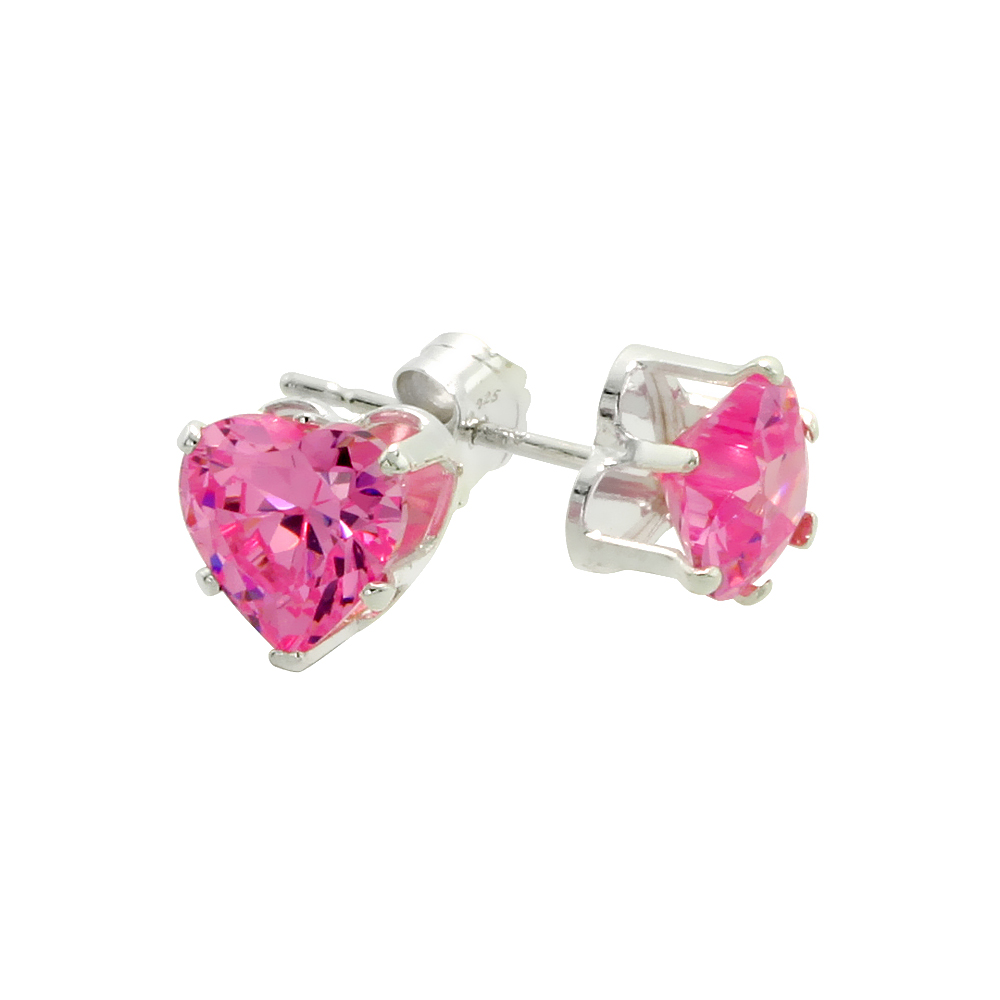 STERLING SILVER CUBIC ZIRCONIA HEART PINK EARRINGS STUDS 6 MM 1.5 CARATS/PAIR
