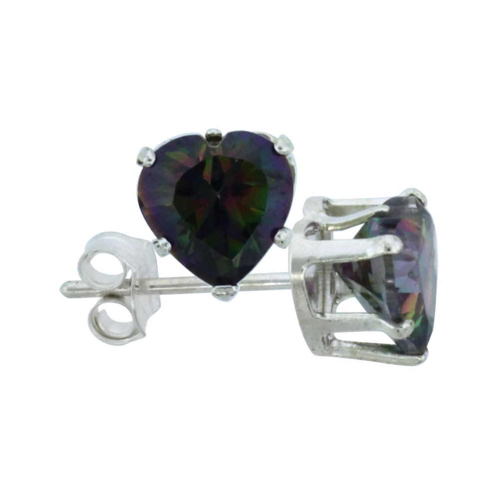 STERLING SILVER CUBIC ZIRCONIA HEART MYSTIC TOPAZ EARRINGS STUDS 6 MM MULTI COLOR 1.5 CARATS/PAIR