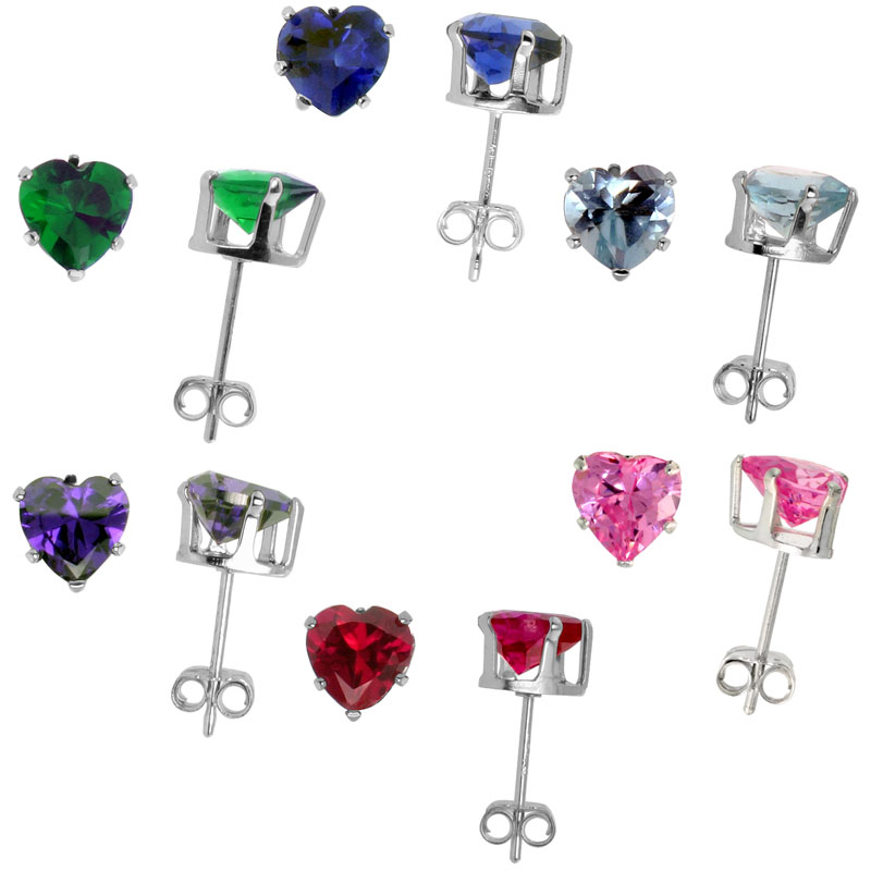 6 Color Set Sterling Silver CZ Heart Earrings Studs 6 mm Emerald Blue Topaz Sapphire Amethyst Pink & Ruby