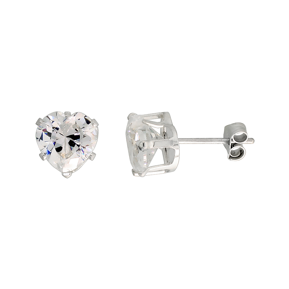 STERLING SILVER CUBIC ZIRCONIA HEART EARRINGS STUDS 2 1/4 CARAT/PAIR