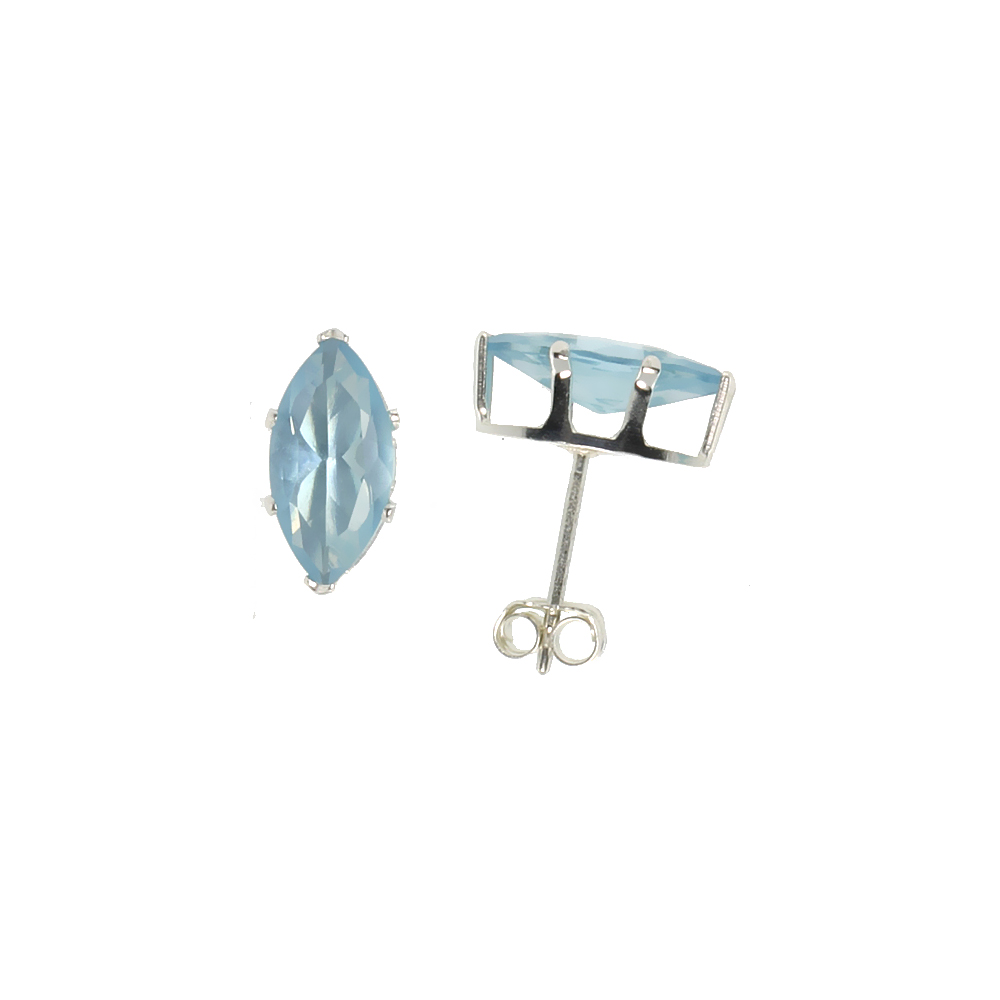 STERLING SILVER CUBIC ZIRCONIA MARQUISE BLUE TOPAZ EARRINGS STUDS 10X5MM