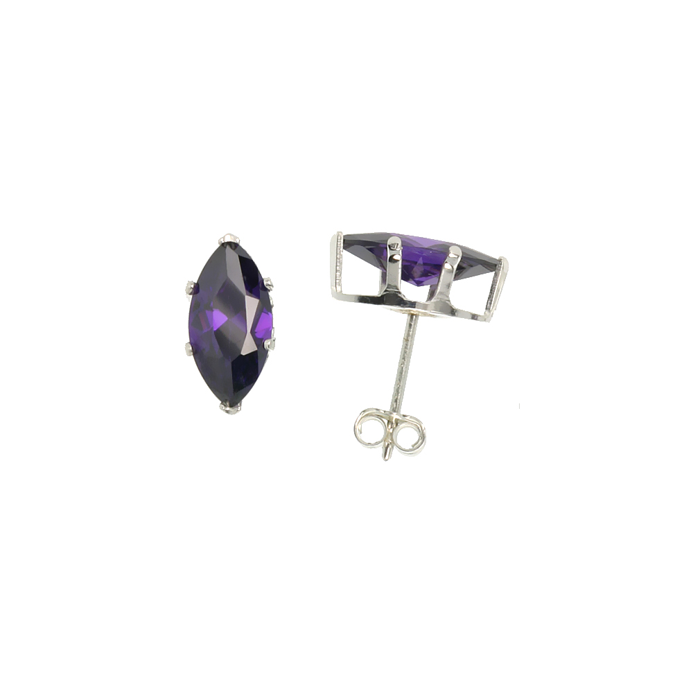 STERLING SILVER CUBIC ZIRCONIA MARQUISE AMETHYST EARRINGS STUDS PURPLE COLOR 10X5MM