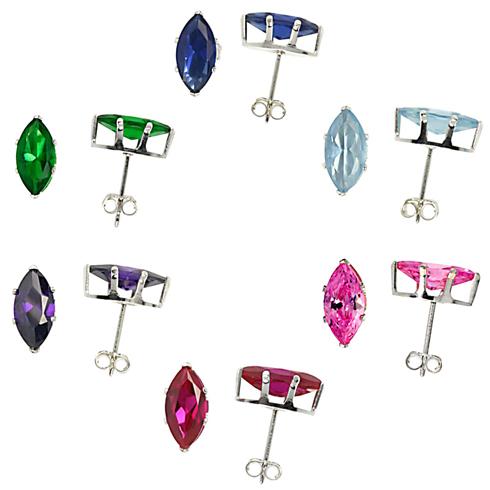 6 COLOR SET STERLING SILVER MARQUISE CZ STUD EARRINGS EMERALD SAPPHIRE BLUE TOPAZ AMETHYST RUBY & PINK