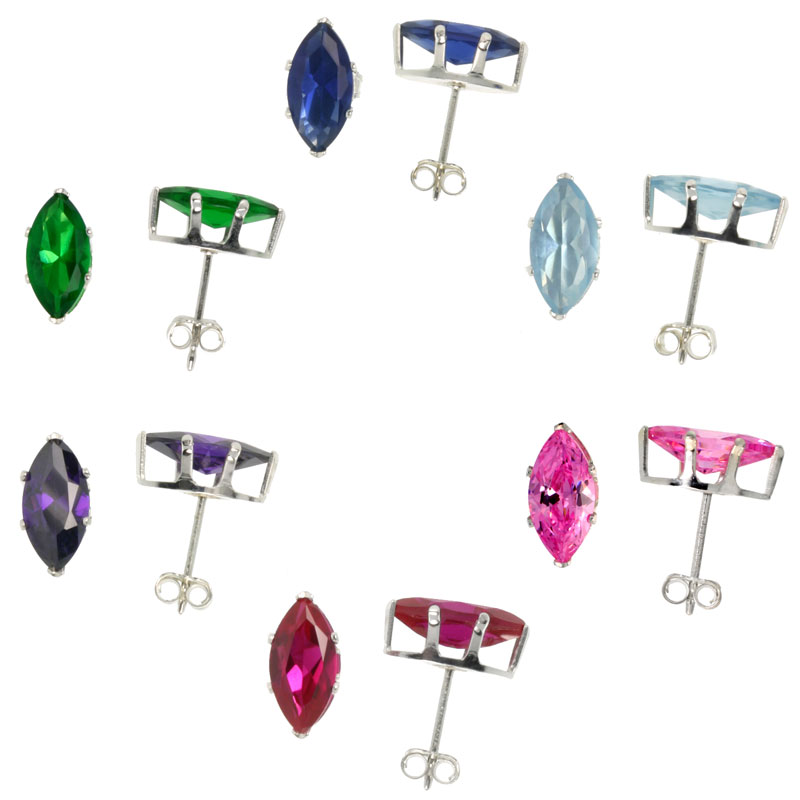 6 Color Set Sterling Silver Marquise CZ Stud Earrings Emerald Sapphire Blue Topaz Amethyst Ruby & Pink