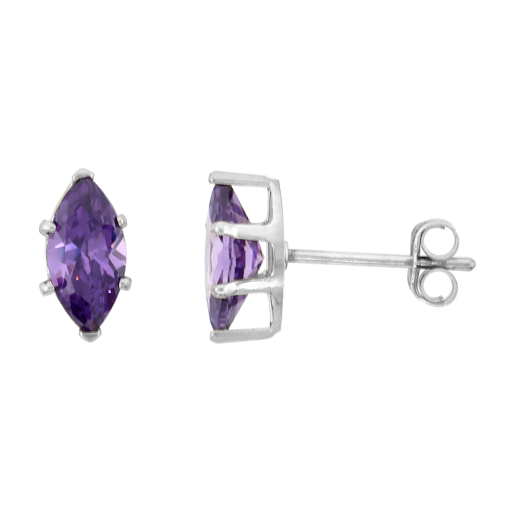 STERLING SILVER CUBIC ZIRCONIA MARQUISE AMETHYST EARRINGS STUDS PURPLE COLOR 1 CARATS/PAIR