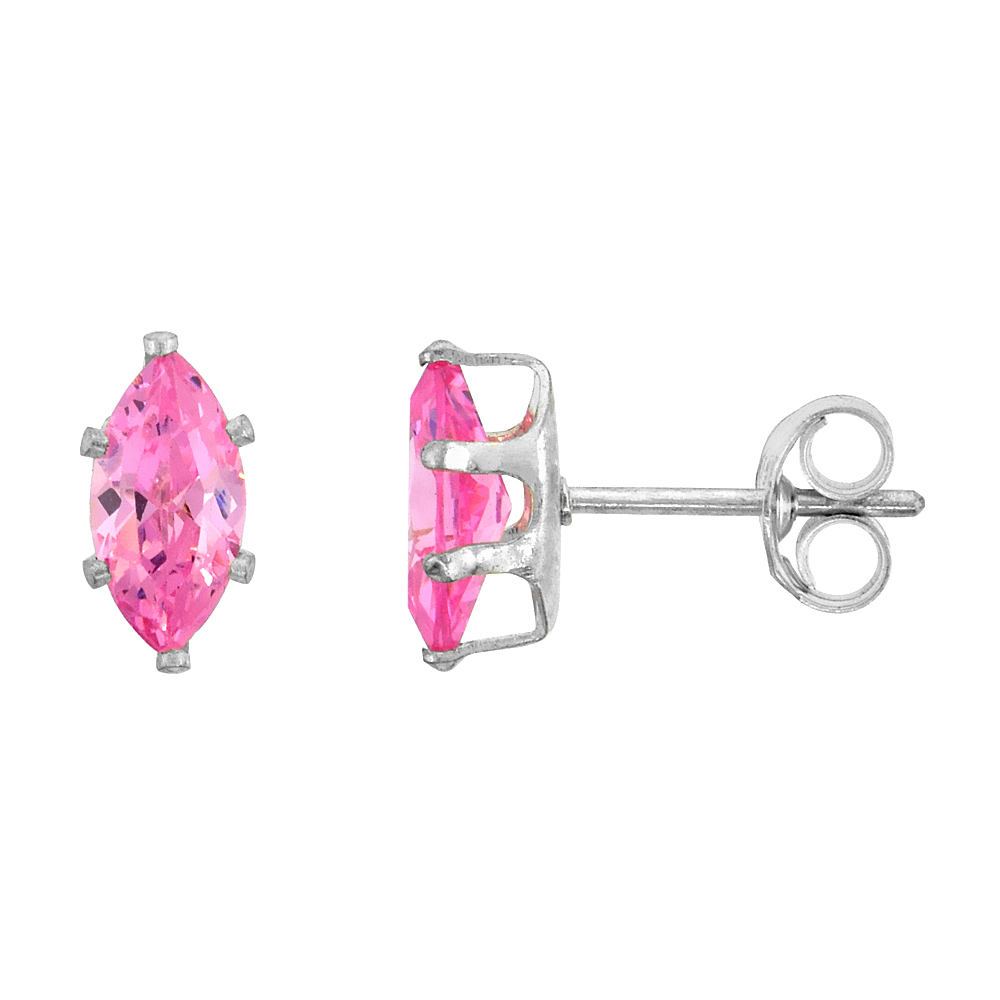 STERLING SILVER CUBIC ZIRCONIA MARQUISE PINK EARRINGS STUDS PINK COLOR 1 CARATS/PAIR