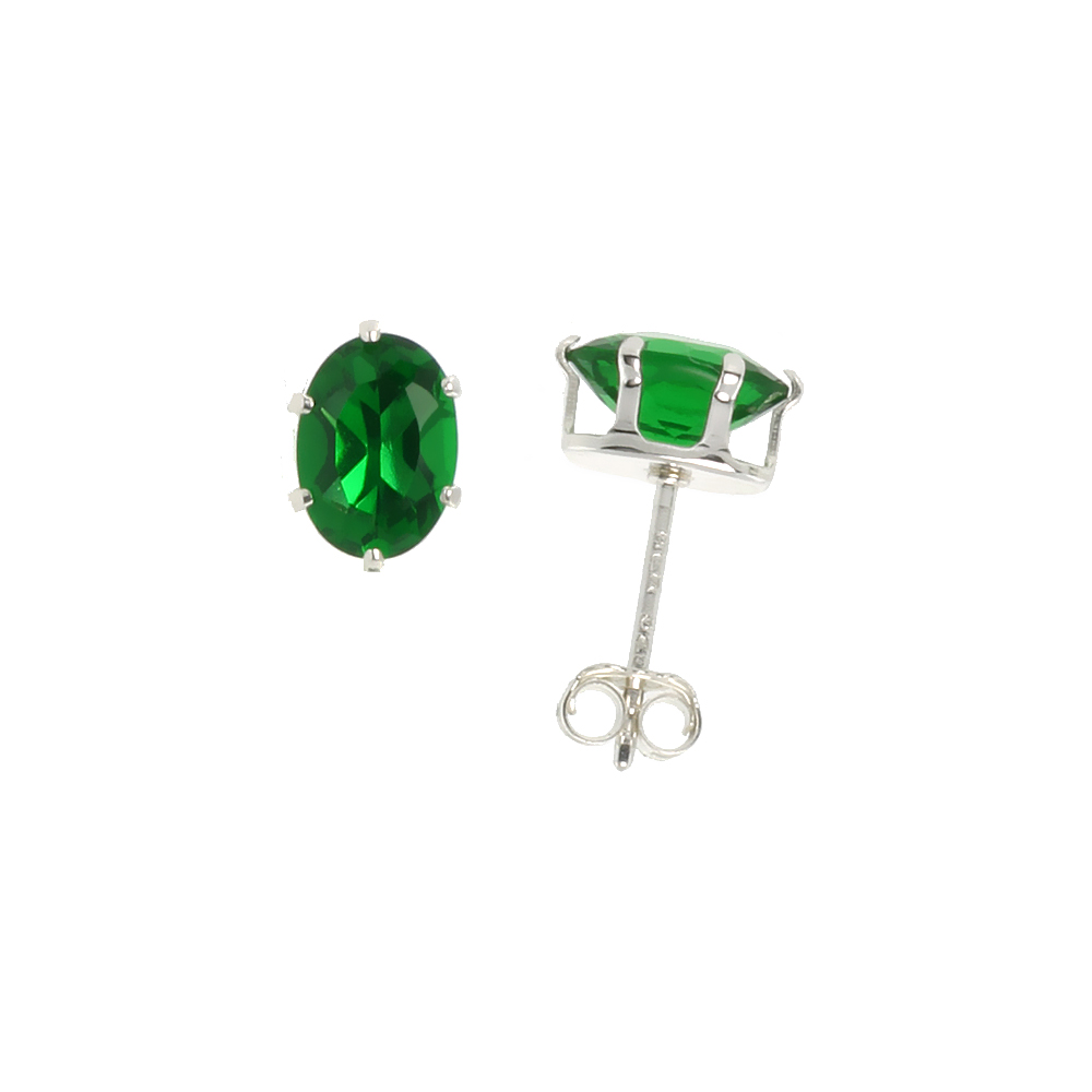 STERLING SILVER EMERALD GREEN COLOR 7X5MM OVAL CUBIC ZIRCONIA EARRINGS STUDS 1.5 CARAT/PAIR