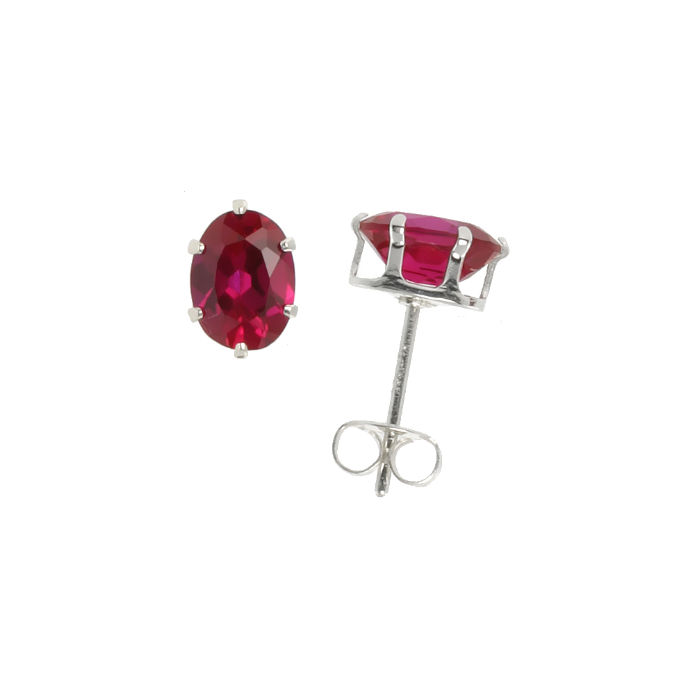 STERLING SILVER 7X5MM OVAL CUBIC ZIRCONIA RUBY EARRINGS STUDS RED COLOR 1.5 CARAT/PAIR