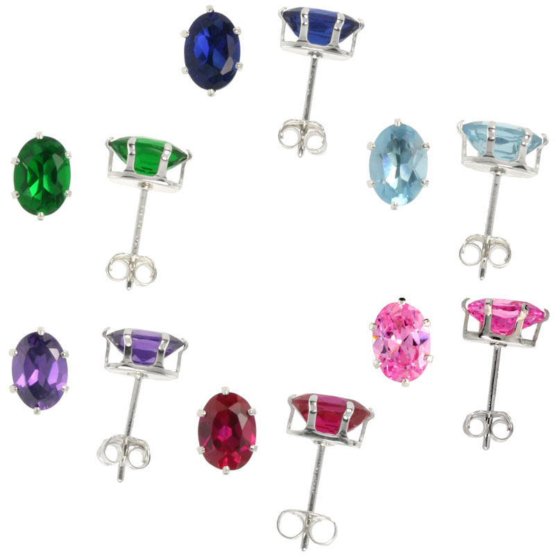 6 Color Set Sterling Silver Cubic Zirconia Oval Earrings Studs Emerald, Blue Sapphire, Blue Topaz, Amethyst, Ruby & Pink